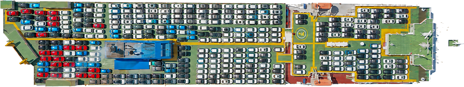 A car carrier loaded deck to deck, seen from above
